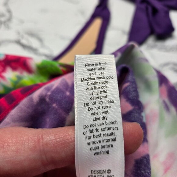 Athleta LT Pink Green Striped Floral Halter Tie Open Back Bathing Suit Top - Picture 10 of 10